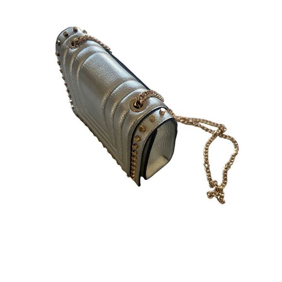 NWT Luana Italy Clio Studded Flap Bag Chain Metallic Silver Leather Bag with Gol - Picture 6 of 8